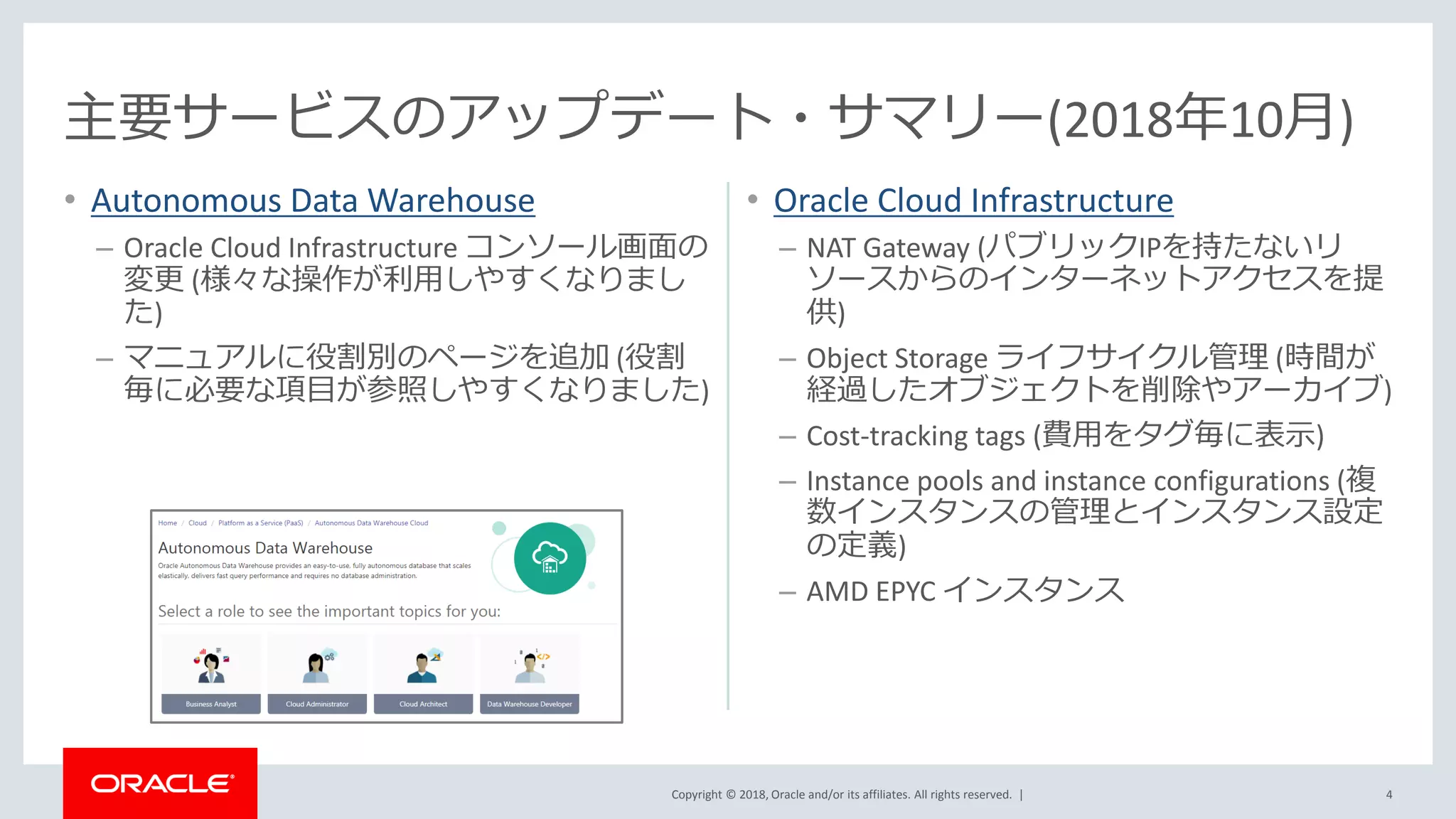Copyright © 2018, Oracle and/or its affiliates. All rights reserved. |
• Autonomous Data Warehouse
– Oracle Cloud Infrastructure コンソール画面の
変更 (様々な操作が利用しやすくなりまし
た)
– マニュアルに役割別のページを追加 (役割
毎に必要な項目が参照しやすくなりました)
• Oracle Cloud Infrastructure
– NAT Gateway (パブリックIPを持たないリ
ソースからのインターネットアクセスを提
供)
– Object Storage ライフサイクル管理 (時間が
経過したオブジェクトを削除やアーカイブ)
– Cost-tracking tags (費用をタグ毎に表示)
– Instance pools and instance configurations (複
数インスタンスの管理とインスタンス設定
の定義)
– AMD EPYC インスタンス
4
主要サービスのアップデート・サマリー(2018年10月)
 
