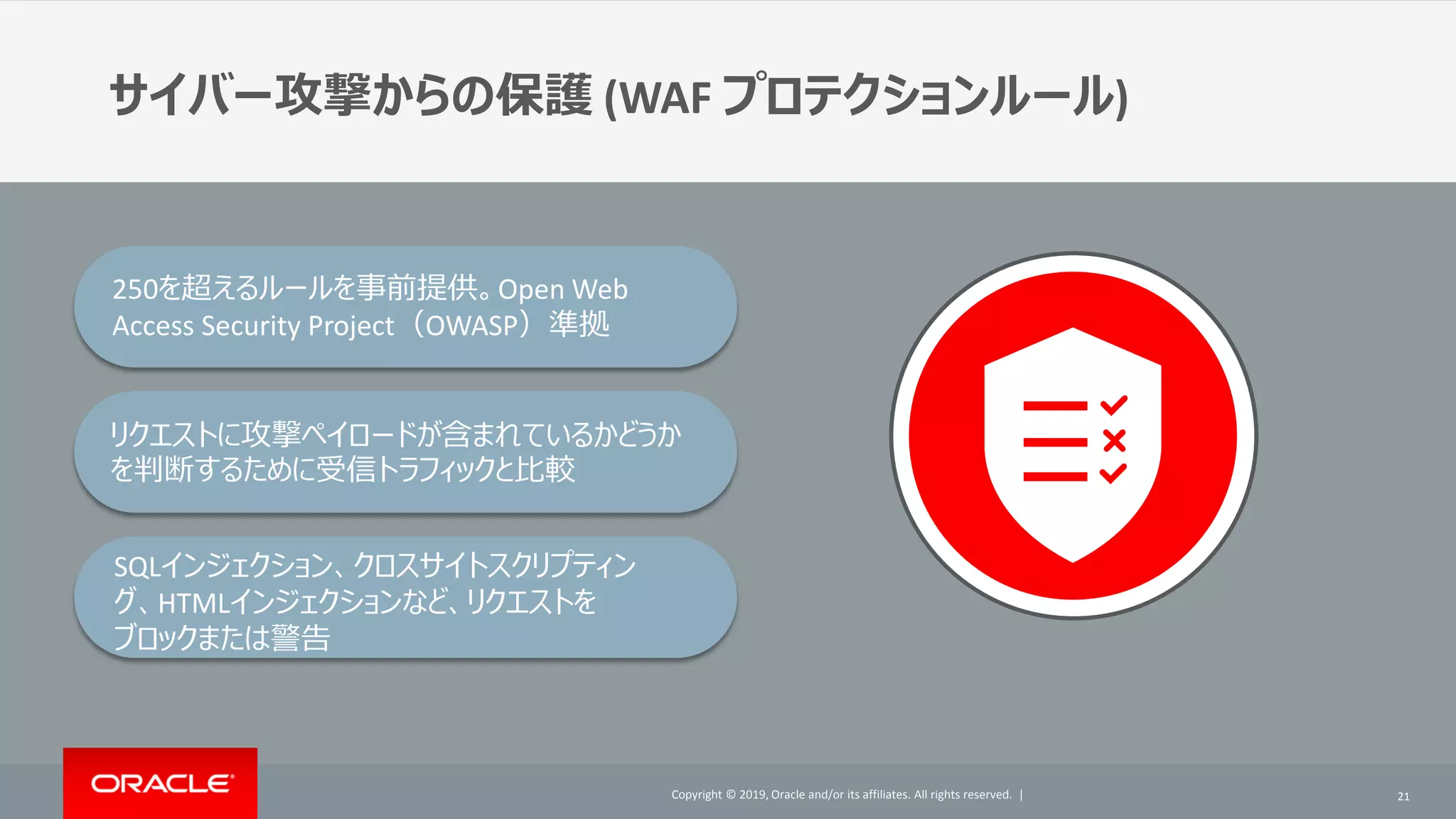 Copyright © 2019, Oracle and/or its affiliates. All rights reserved. |Copyright © 2019, Oracle and/or its affiliates. All rights reserved. |
サイバー攻撃からの保護 (WAF プロテクションルール)
21
250を超えるルールを事前提供。Open Web
Access Security Project（OWASP）準拠
リクエストに攻撃ペイロードが含まれているかどうか
を判断するために受信トラフィックと比較
SQLインジェクション、クロスサイトスクリプティン
グ、HTMLインジェクションなど、リクエストを
ブロックまたは警告
 