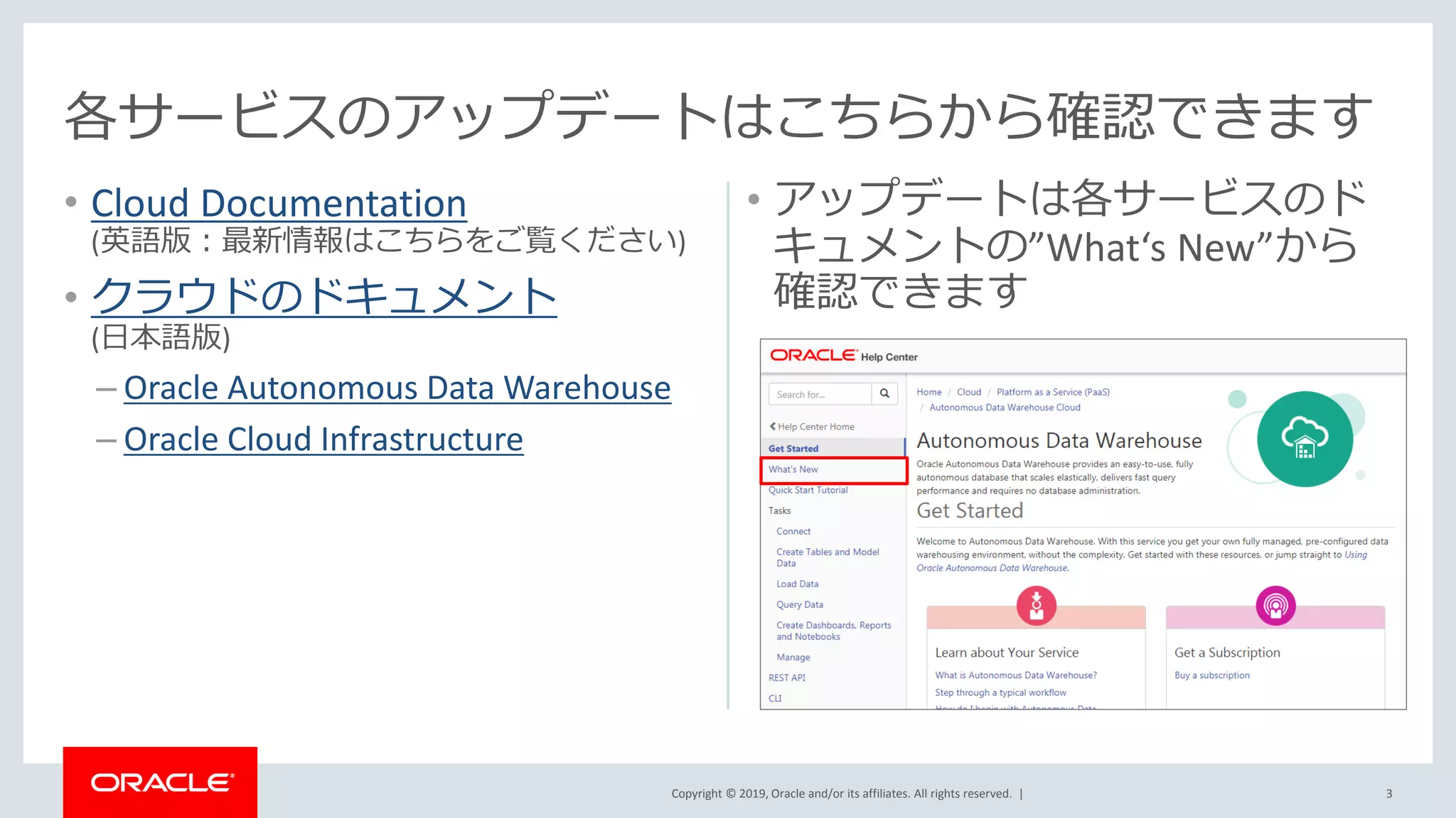 Copyright © 2019, Oracle and/or its affiliates. All rights reserved. |
• Cloud Documentation
(英語版：最新情報はこちらをご覧ください)
• クラウドのドキュメント
(日本語版)
– Oracle Autonomous Data Warehouse
– Oracle Cloud Infrastructure
• アップデートは各サービスのド
キュメントの”What‘s New”から
確認できます
3
各サービスのアップデートはこちらから確認できます
 