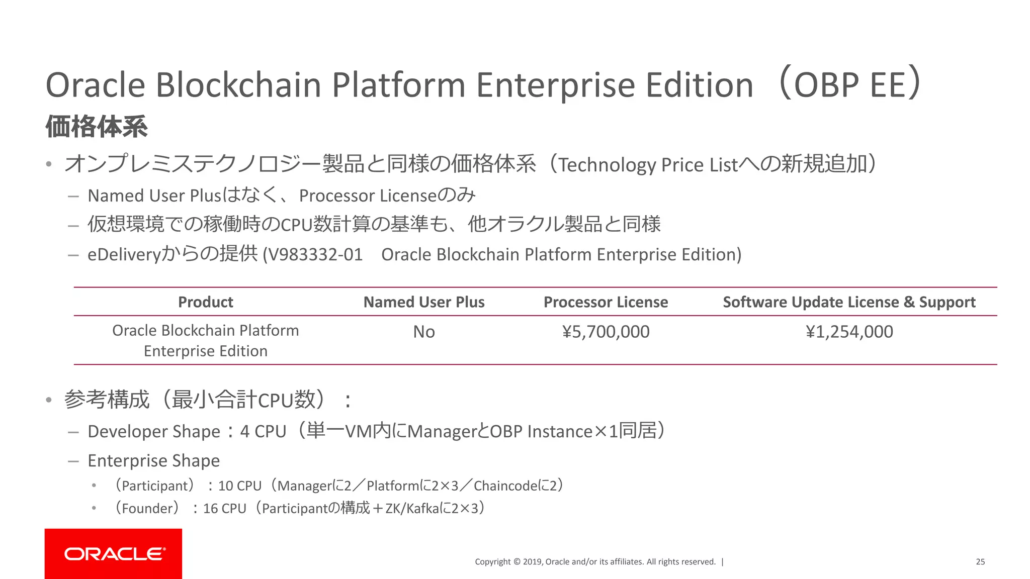 Copyright © 2019, Oracle and/or its affiliates. All rights reserved. |
Oracle Blockchain Platform Enterprise Edition（OBP EE）
• オンプレミステクノロジー製品と同様の価格体系（Technology Price Listへの新規追加）
– Named User Plusはなく、Processor Licenseのみ
– 仮想環境での稼働時のCPU数計算の基準も、他オラクル製品と同様
– eDeliveryからの提供 (V983332-01 Oracle Blockchain Platform Enterprise Edition)
25
価格体系
Product Named User Plus Processor License Software Update License & Support
Oracle Blockchain Platform
Enterprise Edition
No ¥5,700,000 ¥1,254,000
• 参考構成（最小合計CPU数）：
– Developer Shape：4 CPU（単一VM内にManagerとOBP Instance×1同居）
– Enterprise Shape
• （Participant）：10 CPU（Managerに2／Platformに2×3／Chaincodeに2）
• （Founder）：16 CPU（Participantの構成＋ZK/Kafkaに2×3）
 