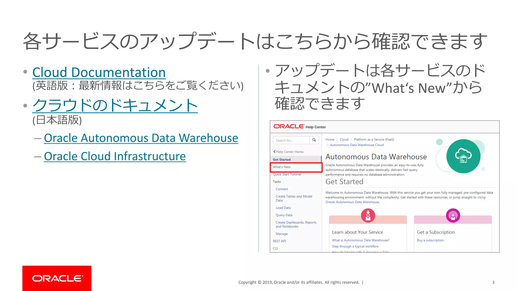 Copyright © 2019, Oracle and/or its affiliates. All rights reserved. |
• Cloud Documentation
(英語版：最新情報はこちらをご覧ください)
• クラウドのドキュメント
(日本語版)
– Oracle Autonomous Data Warehouse
– Oracle Cloud Infrastructure
• アップデートは各サービスのド
キュメントの”What‘s New”から
確認できます
3
各サービスのアップデートはこちらから確認できます
 