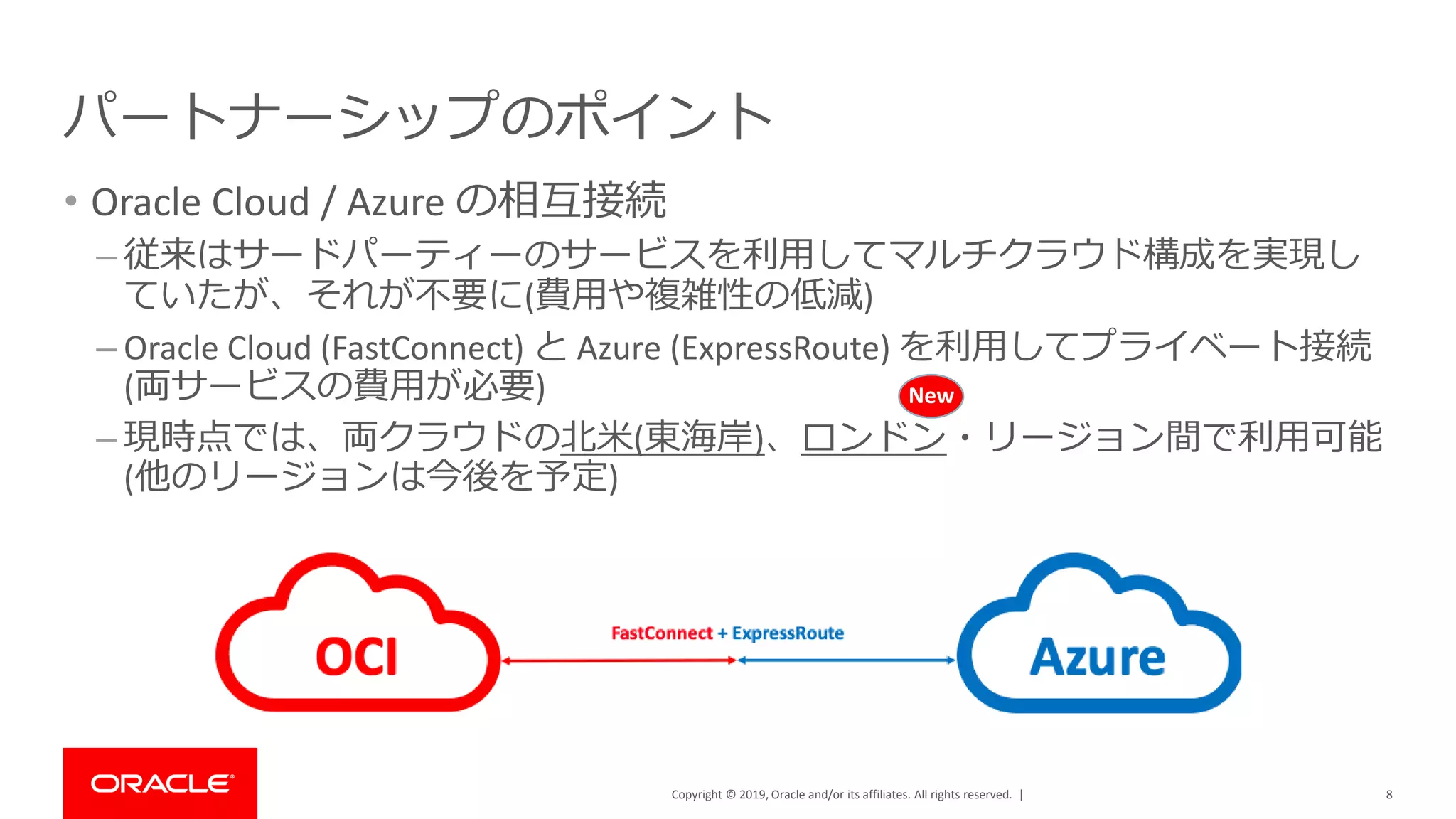 Copyright © 2019, Oracle and/or its affiliates. All rights reserved. |
パートナーシップのポイント
• Oracle Cloud / Azure の相互接続
– 従来はサードパーティーのサービスを利用してマルチクラウド構成を実現し
ていたが、それが不要に(費用や複雑性の低減)
– Oracle Cloud (FastConnect) と Azure (ExpressRoute) を利用してプライベート接続
(両サービスの費用が必要)
– 現時点では、両クラウドの北米(東海岸)、ロンドン・リージョン間で利用可能
(他のリージョンは今後を予定)
8
New
 