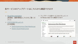 ▪ Cloud Documentation
(
)
▪
( )
✓ Oracle Autonomous Data Warehouse
✓ Oracle Cloud Infrastructure
▪
”What‘s New”
Copyright ...