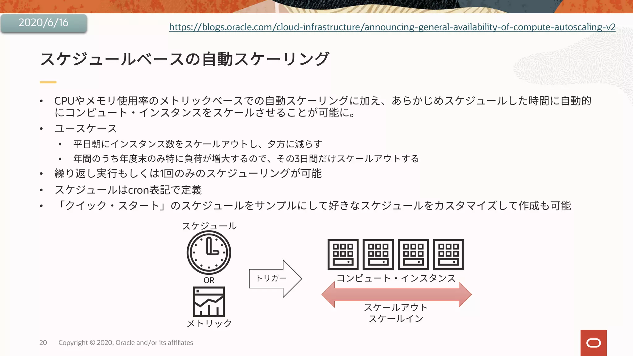 20 Copyright © 2020, Oracle and/or its affiliates
• CPU
•
•
• 3
• 1
• cron
•
https://blogs.oracle.com/cloud-infrastructure/announcing-general-availability-of-compute-autoscaling-v2
OR
2020/6/16
 