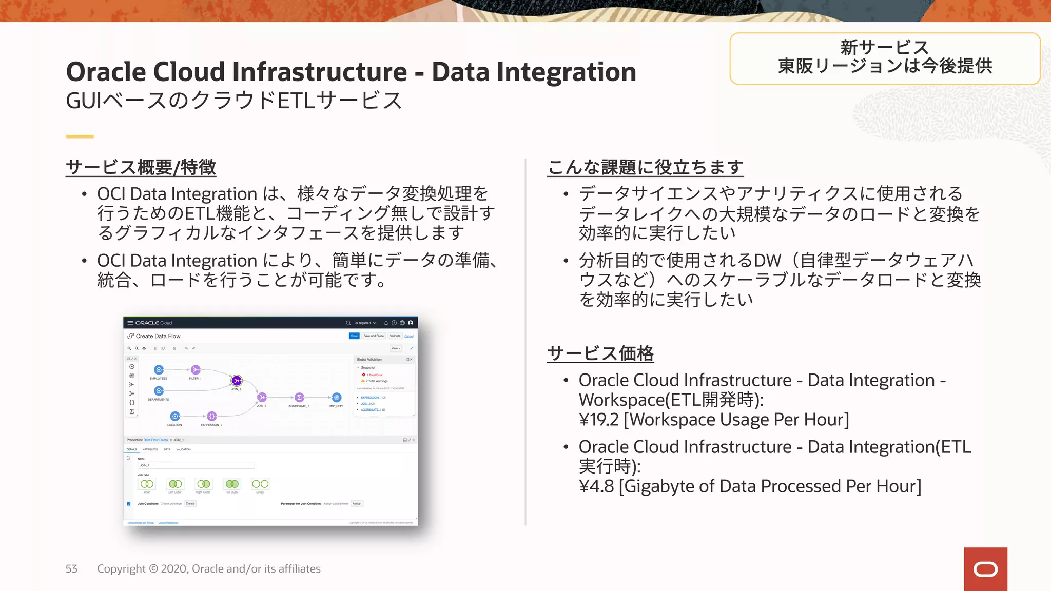 53 Copyright © 2020, Oracle and/or its affiliates
•
• DW
• Oracle Cloud Infrastructure - Data Integration -
Workspace(ETL ):
¥19.2 [Workspace Usage Per Hour]
• Oracle Cloud Infrastructure - Data Integration(ETL
):
¥4.8 [Gigabyte of Data Processed Per Hour]
/
• OCI Data Integration
ETL
• OCI Data Integration
Oracle Cloud Infrastructure - Data Integration
GUI ETL
 