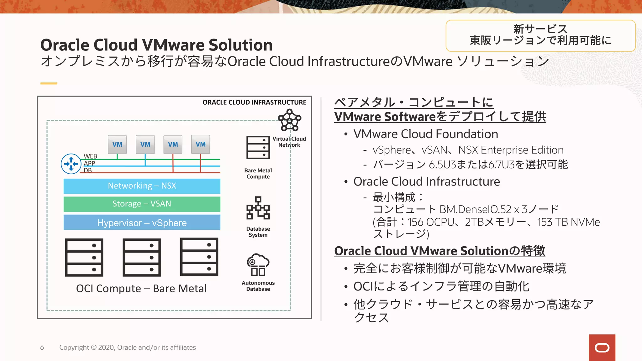 6 Copyright © 2020, Oracle and/or its affiliates
VMware Software
• VMware Cloud Foundation
- vSphere vSAN NSX Enterprise Edition
- 6.5U3 6.7U3
• Oracle Cloud Infrastructure
-
BM.DenseIO.52 x 3
( 156 OCPU 2TB 153 TB NVMe
)
Oracle Cloud VMware Solution
• VMware
• OCI
•
Oracle Cloud VMware Solution
Oracle Cloud Infrastructure VMware
Hypervisor – vSphere
Storage – VSAN
Networking – NSX
OCI Compute – Bare Metal
DB
APP
WEB
ORACLE CLOUD INFRASTRUCTURE
Bare Metal
Compute
Virtual Cloud
Network
Database
System
Autonomous
Database
 