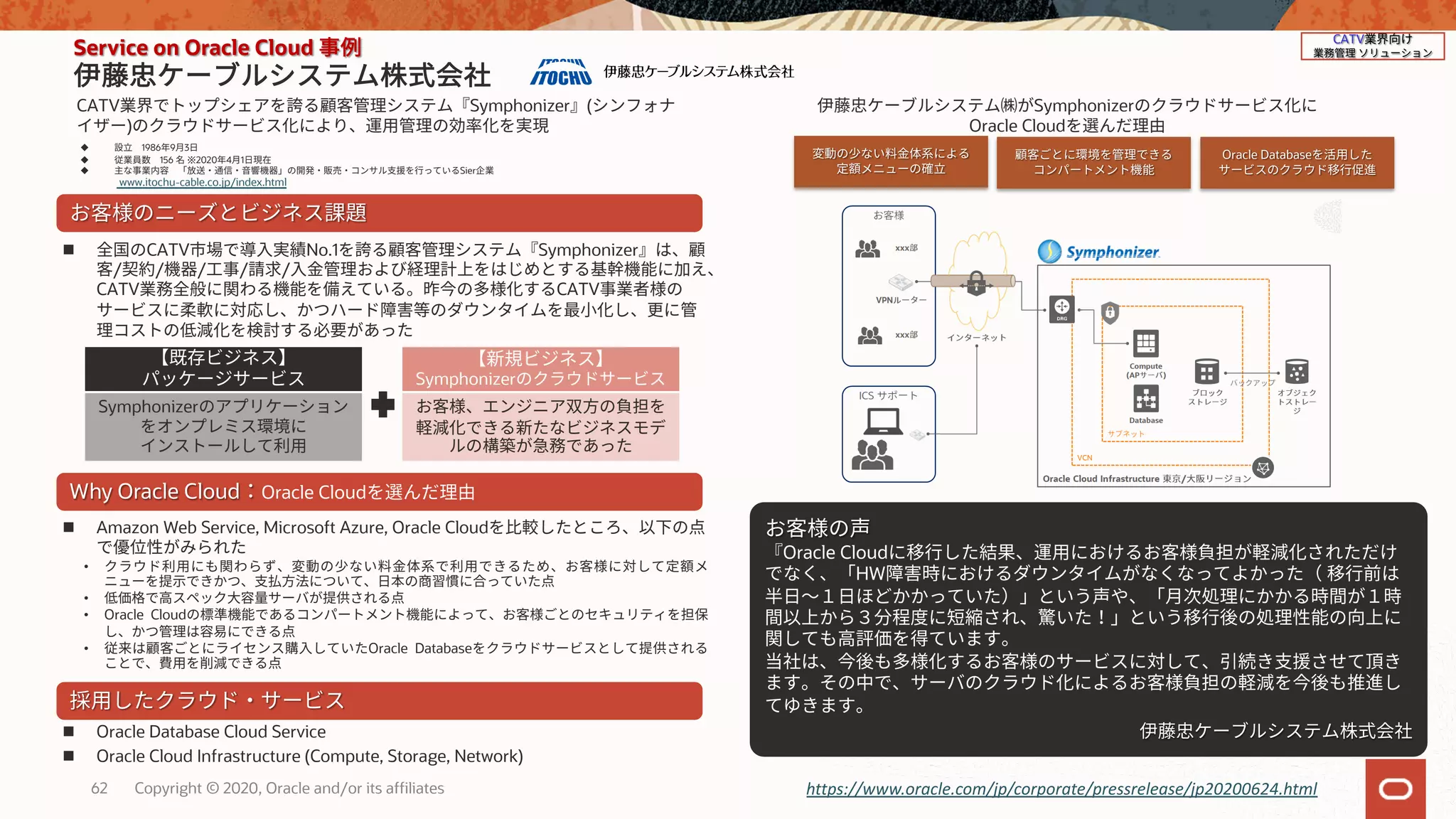 n CATV No.1 Symphonizer
/ / / / /
CATV CATV
Oracle Cloud
HW
n Oracle Database Cloud Service
n Oracle Cloud Infrastructure (Compute, Storage, Network)
n Amazon Web Service, Microsoft Azure, Oracle Cloud
•
•
• Oracle Cloud
• Oracle Database
Service on Oracle Cloud
CATV Symphonizer (
)
Oracle Database
u 1986 9 3
u 156 ※2020 4 1
u Sier
www.itochu-cable.co.jp/index.html
CATV
Symphonizer
Oracle Cloud
Symphonizer
Symphonizer
Why Oracle Cloud Oracle Cloud
Copyright © 2020, Oracle and/or its affiliates62 https://www.oracle.com/jp/corporate/pressrelease/jp20200624.html
 