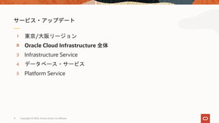 5
4
3
2
1
Platform Service
データベース・サービス
Infrastructure Service
Oracle Cloud Infrastructure 全体
東京/大阪リージョン
Copyright © 2020, Oracle and/or its affiliates11
 