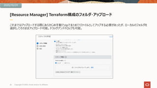 [Resource Manager] Terraform構成のフォルダ・アップロード
これまではアップロードする際にあらかじめ⼿動でzipでまとめて1ファイルとしてアップする必要があったが、ローカルのフォルダを
選択してそのままアップロード可能。ドラッグアンドドロップも可能。
26 Copyright © 2020, Oracle and/or its affiliates
2020/10/29
 