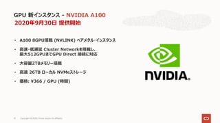 GPU 新インスタンス - NVIDIA A100
Copyright © 2020, Oracle and/or its affiliates31
• A100 8GPU搭載 (NVLINK) ベアメタル・インスタンス
• ⾼速・低遅延 Cluster Networkを搭載し、
最⼤512GPUまでGPU Direct 接続に対応
• ⼤容量2TBメモリー搭載
• ⾼速 26TB ローカル NVMeストレージ
• 価格: ¥366 / GPU (時間)
2020年9⽉30⽇ 提供開始
 