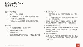 51 Copyright © 2020, Oracle and/or its affiliates
Refreshable Clone
特記事項など
クローン先の構成
• コンパートメントの指定
• OCPUを指定（ストレージサイズはソースを継承）
• Auto Scaling選択可能
• Public / Privateの選択、BYOLの選択が可能
特記事項
• リージョン跨ぎのクローニングは不可
• Always Freeは未対応
• AJDは未対応
• 18c は未対応。19cにアップグレードする必要がある
• カスケードは不可
• 更新可能なクローンから更新可能なクローンの作成は
不可
• ただし更新可能なクローンからフルクローン、メタデータク
ローンの作成は可能
• ADMINパスワードはソースDBから継承される（変
更したい場合はソースDBのパスワードを変更する）
• APEX,MLは利⽤不可
• ストレージのサイズはソースDBから継承される。ソース
が変更になると、次回リフレッシュ時にストレージサイ
ズの変更が加わる。
• AWRは利⽤不可
• 通常インスタンスと同様、更新可能なクローンの停⽌
により、OCPUの課⾦が⽌まる。 データベースへの操
作は不可。
 