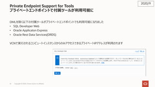 53 Copyright © 2020, Oracle and/or its affiliates
Private Endpoint Support for Tools
プライベートエンドポイントで付属ツールが利⽤可能に
OMLを除く以下の付属ツールがプライベートエンドポイントでも利⽤可能になりました
• SQL Developer Web
• Oracle Applicaton Express
• Oracle Rest Data Services(ORDS)
VCNで実⾏されるコンピュートインスタンスからのみアクセスできるプライベートIPアドレスが利⽤されます
2020/9
 