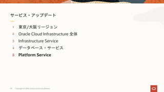 5
4
3
2
1
Platform Service
データベース・サービス
Infrastructure Service
Oracle Cloud Infrastructure 全体
東京/大阪リージョン
Copyright © 2020, Oracle and/or its affiliates59
 
