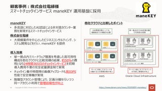 maneKEY
• 多⾔語に対応したAI認証による⾮対⾯カウンター業
務を実現するスマートチェックインサービス
株式会社電縁
• ⼤規模案件を中⼼としたビジネスコンサルティング、シ
ステム開発などを⾏い、meneKEY を提供
導⼊効果
• 単⼀拠点内でハードウェア障害を考慮した⾼可⽤性
構成を他社クラウドと⽐較⾒積の結果、約50%の費
⽤となり24時間365⽇のチェックインサービスを初期
導⼊費⽤不要の完全従量課⾦制で実現
• チェックイン集中時間帯の画像アップロードも⾼IOPS
性能で安定稼働が実現
• 階層型アカウント管理により、区画分離を⾏いつつ
同⼀アカウント利⽤で管理容易性が向上
他社クラウドと⽐較したポイント
顧客事例︓株式会社電縁様
スマートチェックインサービス maneKEY 運⽤基盤に採⽤
https://www.denen.com/news/20200831-manekey/Copyright © 2020, Oracle and/or its affiliates66
 