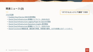 • Exadata Cloud Service X8M
• Oracle Cloud Infrastructure - 2020/10/21
• Oracle Cloud Infrastructure Logging Plugin for Splunk
• Oracle Cloud Infrastructure Operations Insights
• Oracle Cloud Infrastructure - 2020/11/04
• Oracle Functions
(2)
“ ”
Copyright © 2020, Oracle and/or its affiliates68
 
