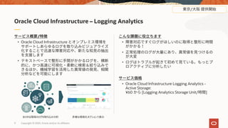 9 Copyright © 2020, Oracle and/or its affiliates
•
•
•
• Oracle Cloud Infrastructure Logging Analytics -
Active Storage:
¥60 [Logging Analytics Storage Unit/ ]
/
• Oracle Cloud Infrastructure
•
Oracle Cloud Infrastructure – Logging Analytics
あらゆる環境のログを取り込み分析 多様な視覚化オプションで表⽰
/
 