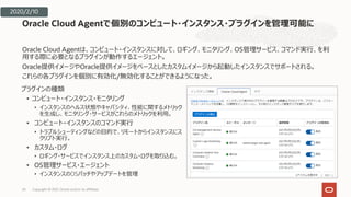 Oracle Cloud Agentは、コンピュート・インスタンスに対して、ロギング、モニタリング、OS管理サービス、コマンド実⾏、を利
⽤する際に必要となるプラグインが動作するエージェント。
Oracle提供イメージやOracle提供イメージをベースとしたカスタムイメージから起動したインスタンスでサポートされる。
これらの各プラグインを個別に有効化/無効化することができるようになった。
Oracle Cloud Agentで個別のコンピュート・インスタンス・プラグインを管理可能に
24
プラグインの種類
• コンピュート・インスタンス・モニタリング
• インスタンスのヘルス状態やキャパシティ、性能に関するメトリック
を⽣成し、モニタリング・サービスがこれらのメトリックを利⽤。
• コンピュート・インスタンスのコマンド実⾏
• トラブルシューティングなどの⽬的で、リモートからインスタンスにス
クリプト実⾏。
• カスタム・ログ
• ロギング・サービスでインスタンス上のカスタム・ログを取り込む。
• OS管理サービス・エージェント
• インスタンスのOSパッチやアップデートを管理
2020/2/10
Copyright © 2021, Oracle and/or its affiliates
 