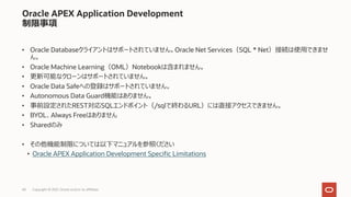 40
Oracle APEX Application Development
制限事項
• Oracle Databaseクライアントはサポートされていません。Oracle Net Services（SQL * Net）接続は使⽤できませ
ん。
• Oracle Machine Learning（OML）Notebookは含まれません。
• 更新可能なクローンはサポートされていません。
• Oracle Data Safeへの登録はサポートされていません。
• Autonomous Data Guard機能はありません。
• 事前設定されたREST対応SQLエンドポイント（/sqlで終わるURL）には直接アクセスできません。
• BYOL、Always Freeはありません
• Sharedのみ
• その他機能制限については以下マニュアルを参照ください
• Oracle APEX Application Development Specific Limitations
Copyright © 2021, Oracle and/or its affiliates
 