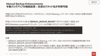 56
Manual Backup Enhancements
⼿動バックアップの機能拡張︓任意のバケット名が利⽤可能
⼿動バックアップ先のオブジェクトストレージのバケットに、これまでのbackup_<<データベース名>>のほかに任意の名前が
利⽤できるようになりました。
作成したバケットのバケットURLを”DEFAUTL_BACKUP_BUCKET”プロパティに設定して指定します
設定はdatabase_propertiesディクショナリ、コンソールの⼿動バックアップ・ストアで確認できます
注意
• DEFAULT_BACKUPプロパティの設定によるbackup_<<データベース名>>のバックアップも継続利⽤可能ですが、
DEFAULT_BACKUP_BUCKETの指定を推奨します。
• DEFAULT_BACKUP_BUCKETに新しくバケットを指定した場合、過去に別の場所に取得していた⼿動バックアップ
はリストアできません。リストアする場合はDEFAULT_BACKUP_BUCKETにリストア対象の⼿動バックアップのバケット
URLの指定が必要です。
2021/1
ALTER DATABASE PROPERTY SET
default_backup_bucket='https://swiftobjectstorage.us-phoenix-
1.oraclecloud.com/v1/namespace-string/bucket_name';
Copyright © 2021, Oracle and/or its affiliates
 