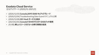 主なアップデート (2020/12-2021/2)
• (2020/12/03) Console/APIでのDB 19cアップグレード
• (2020/12/04) Troubleshooting Data Guard のマニュアル公開
• (2020/12/08) OCI Vault サービスと統合
• (2021/02/05) ConsoleでのVMクラスタへのOSパッチ適⽤
• (その他) 新しいリソースモデルへの移⾏期限の延⻑
Exadata Cloud Service
Copyright © 2021, Oracle and/or its affiliates
65
 