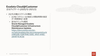 主なアップデート (2020/12-2021/2)
• (12/9) ⾃動メンテナンスの構成
• (1/18) 「スケジュールの指定」の開始時間の指定
が 1 時間単位へ変更
• 該当のマニュアル箇所
Oracle Managed Exadata
Cloud@Customer Infrastructure
Maintenance Updates
https://docs.oracle.com/en-
us/iaas/exadata/doc/eccmaintainInfra.ht
ml#GUID-1CBF39AE-E0EC-4F67-A9EE-
2AFAF11C4C06
Exadata Cloud@Customer
Copyright © 2021, Oracle and/or its affiliates
71
 