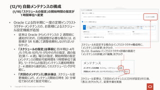 (12/9) ⾃動メンテナンスの構成
(1/18) 「スケジュールの指定」の開始時間の指定が
1 時間単位へ変更
Copyright © 2021, Oracle and/or its affiliates
72
• Oracle による四半期に⼀度の定期インフラスト
ラクチャ・メンテナンスの、お客様によるスケジュー
ル設定機能が追加
• 従来は Oracle からメンテナンスの 2 週間前に
通知が⾏われ、⽇程調整が必要な場合には、お
客様が SR を通じて調整依頼をしなければいけ
なかった。
• 「スケジュールの指定」は事前に 四半期(2-4⽉
/5-7⽉/8-10⽉/11-1⽉)中の⽉の指定、週の指
定(第 1 - 4 週)、曜⽇の指定、開始時間の指定
(メンテナンスの開始可能時間を 1 時間単位で選
択)、リードタイムの指定(メンテナンス通知時期を
2 - 4 週前から選択)をしてのスケジューリングが可
能に。
• 「次回のメンテナンス」表⽰後は、スケジュール変
更機能により、メンテナンス開始⽇時を 30 分単
位であらためて指定可能に。
スケジュールを設定する場合はインフラストラクチャ構成時に、
「メンテナンスの変更」をクリック、
もしくは、Exadata インフラストラクチャ詳細の画⾯で
「メンテナンスの詳細」の「編集」をクリック
スケジュール変更は、「次回のメンテナンス」に⽇付が設定された後、
「表⽰」をクリックして、変更作業を実施
 
