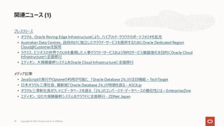 プレスリリース
• オラクル、Oracle Roving Edge Infrastructureにより、ハイブリッド・クラウドのポートフォリオを拡充
• Australian Data Centres、政府向けに独⽴したクラウド・サービスを提供するためにOracle Dedicated Region
Cloud@Customerを採⽤
• ラクラス、ビジネスの世界でのUXを重視した⼈事クラウド・サービスおよびBPOサービス基盤強化を⽬的にOracle Cloud
Infrastructureへ全⾯移⾏
• エディオン、⼤規模基幹システムをOracle Cloud Infrastructureに全⾯移⾏
メディア記事
• JavaScriptの実⾏やOptaneの利⽤が可能に 「Oracle Database 21c」の注⽬機能 – TechTarget
• ⽇本オラクル三澤社⻑、最新版「Oracle Database 21c」の特徴を語る - ASCII.jp
• オラクル三澤新社⻑が久々にデータベースを語る 「21c」のコンバージド・データベースの優位性とは – EnterpriseZine
• エディオン、12の⼤規模基幹システムをクラウドに全⾯移⾏ - ZDNet Japan
関連ニュース (1)
Copyright © 2021, Oracle and/or its affiliates
78
 