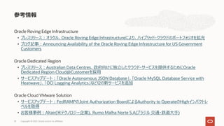 Oracle Roving Edge Infrastructure
• プレスリリース︓オラクル、Oracle Roving Edge Infrastructureにより、ハイブリッド・クラウドのポートフォリオを拡充
• ブログ記事︓Announcing Availability of the Oracle Roving Edge Infrastructure for US Government
Customers
Oracle Dedicated Region
• プレスリリース︓Australian Data Centres、政府向けに独⽴したクラウド・サービスを提供するためにOracle
Dedicated Region Cloud@Customerを採⽤
• サービスアップデート︓「Oracle Autonomous JSON Database」、「Oracle MySQL Database Service with
Heatwave」、「OCI Logging Analytics」など12の新サービスを追加
Oracle Cloud VMware Solution
• サービスアップデート︓FedRAMPのJoint Authorization BoardによるAuthority to OperateのHighインパクトレ
ベルを取得
• お客様事例︓Altair(⽶テクノロジー企業)、Rumo Malha Norte S.A(ブラジル 交通・鉄道⼤⼿)
参考情報
Copyright © 2021, Oracle and/or its affiliates
10
 