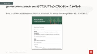 サービス・コネクターから送られるemailメッセージにHTMLのタイプの friendly formattingが適用できるようになりました。
[Service Connector Hub] Emailサブスクリプションのフレンドリー・フォーマット
2020/3/9
Copyright © 2021, Oracle and/or its affiliates
23
 