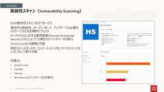 OSの脆弱性スキャンを行うサービス
潜在的な脆弱性、オープン・ポート、アップデートの必要な
パッケージなどを定期的にチェック
ターゲットOSに対する業界標準のCenter for Internet
Security (CIS) によって公開されたベンチマークの実行
Cloud Guardとの連携も可能
特定のインスタンスや、コンパートメント内にすべてのインスタ
ンスに対して実行可能
対象OS
• Oracle Linux
• CentOS
• Ubuntu
• Windows (CISベンチマークは対象外)
脆弱性スキャン（Vulnerability Scanning）
2020/3/30
Copyright © 2021, Oracle and/or its affiliates
39
 