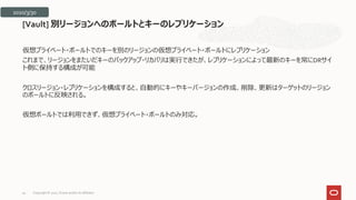 仮想プライベート・ボールトでのキーを別のリージョンの仮想プライベート・ボールトにレプリケーション
これまで、リージョンをまたいだキーのバックアップ・リカバリは実行できたが、レプリケーションによって最新のキーを常にDRサイ
ト側に保持する構成が可能
クロスリージョン・レプリケーションを構成すると、自動的にキーやキーバージョンの作成、削除、更新はターゲットのリージョン
のボールトに反映される。
仮想ボールトでは利用できず、仮想プライベート・ボールトのみ対応。
[Vault] 別リージョンへのボールトとキーのレプリケーション
2020/3/30
Copyright © 2021, Oracle and/or its affiliates
40
 