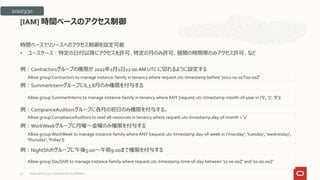 時間ベースでリソースへのアクセス制御を設定可能
• ユースケース：特定の日付以降にアクセスを許可、特定の月のみ許可、昼間の時間帯のみアクセス許可、など
例：Contractorsグループの権限が 2022年1月1日12:00 AM UTC に切れるように設定する
例：SummerInternグループに6,7,8月のみ権限を付与する
例：CompianceAuditorsグループに各月の初日のみ権限を付与する。
例：WorkWeekグループに月曜～金曜のみ権限を付与する
例：NightShiftグループに午後5:00～午前9:00まで権限を付与する
[IAM] 時間ベースのアクセス制御
Allow group Contractors to manage instance-family in tenancy where request.utc-timestamp before '2022-01-01T00:00Z'
Allow group SummerInterns to manage instance-family in tenancy where ANY {request.utc-timestamp.month-of-year in ('6', '7', '8')}
Allow group ComplianceAuditors to read all-resources in tenancy where request.utc-timestamp.day-of-month = '1'
Allow groupWorkWeek to manage instance-family where ANY {request.utc-timestamp.day-of-week in ('monday', 'tuesday', 'wednesday',
'thursday', 'friday')}
Allow group DayShift to manage instance-family where request.utc-timestamp.time-of-day between '17:00:00Z' and '01:00:00Z'
2020/3/30
Copyright © 2021, Oracle and/or its affiliates
41
 