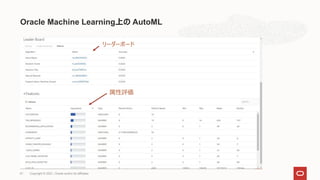 Oracle Machine Learning上の AutoML
リーダーボード
属性評価
Copyright © 2021, Oracle and/or its affiliates
61
 