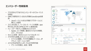 エンドユーザー性能監視
• ブラウザからアプリまでのエンドユーザーのパフォーマンス
を測定
• OMCで使用されているものと同様のJavaScriptを使
用
• Javaエージェントまたは手動でアプリケーションに
挿入して使用
• スパンを生成して、ページロード、ページの更新、ajax
呼び出しのためにAPMコレクターに直接送信
• トレースデータを介して収集されたメトリック
• Apdex、ロード時間、最初のバイトまでの時間、
エラー、サイズなど
• セッション診断（各セッションについてのレポート）
• ブラウザから収集したディメンションを表示
• デバイスの種類、ブラウザの種類とバージョン、IP
アドレス（ロケーション/ ISP）
• メトリックをAPMダッシュボードとUIで利用可能
• アラートの可視化、設定、管理
Copyright © 2021, Oracle and/or its affiliates
72
 