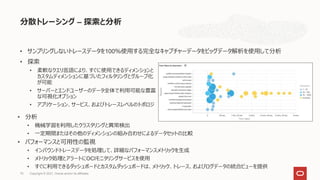 分散トレーシング – 探索と分析
• 探索
• 柔軟なクエリ言語により、すぐに使用できるディメンションと
カスタムディメンションに基づいたフィルタリングとグループ化
が可能
• サーバーとエンドユーザーのデータ全体で利用可能な豊富
な可視化オプション
• アプリケーション、サービス、およびトレースレベルのトポロジ
• 分析
• 機械学習を利用したクラスタリングと異常検出
• 一定期間またはその他のディメンションの組み合わせによるデータセットの比較
• パフォーマンスと可用性の監視
• インバウンドトレースデータを処理して、詳細なパフォーマンスメトリックを生成
• メトリック処理とアラートにOCIモニタリングサービスを使用
• すぐに利用できるダッシュボードとカスタムダッシュボードは、メトリック、トレース、およびログデータの統合ビューを提供
• サンプリングしないトレースデータを100％使用する完全なキャプチャーデータをビッグデータ解析を使用して分析
Copyright © 2021, Oracle and/or its affiliates
75
 
