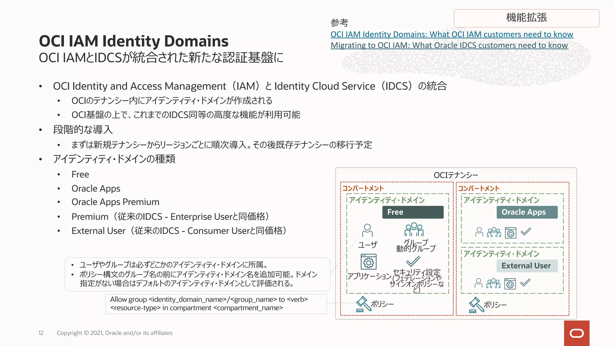 OCI IAMとIDCSが統合された新たな認証基盤に
• OCI Identity and Access Management（IAM）と Identity Cloud Service（IDCS）の統合
• OCIのテナンシー内にアイデンティティ・ドメインが作成される
• OCI基盤の上で、これまでのIDCS同等の⾼度な機能が利⽤可能
• 段階的な導⼊
• まずは新規テナンシーからリージョンごとに順次導⼊。その後既存テナンシーの移⾏予定
• アイデンティティ・ドメインの種類
• Free
• Oracle Apps
• Oracle Apps Premium
• Premium（従来のIDCS - Enterprise Userと同価格）
• External User（従来のIDCS - Consumer Userと同価格）
OCI IAM Identity Domains
OCIテナンシー
アイデンティティ・ドメイン アイデンティティ・ドメイン
ユーザ
Free
アプリケーション
セキュリティ設定
(フェデレーションや
サインオンポリシーな
ど)
グループ
動的グループ
アイデンティティ・ドメイン
External User
Oracle Apps
ポリシー
コンパートメント コンパートメント
Allow group <identity_domain_name>/<group_name> to <verb>
<resource-type> in compartment <compartment_name> ポリシー
参考
OCI IAM Identity Domains: What OCI IAM customers need to know
Migrating to OCI IAM: What Oracle IDCS customers need to know
• ユーザやグループは必ずどこかのアイデンティティ・ドメインに所属。
• ポリシー構⽂のグループ名の前にアイデンティティ・ドメイン名を追加可能。ドメイン
指定がない場合はデフォルトのアイデンティティ・ドメインとして評価される。
機能拡張
Copyright © 2021, Oracle and/or its affiliates
12
 