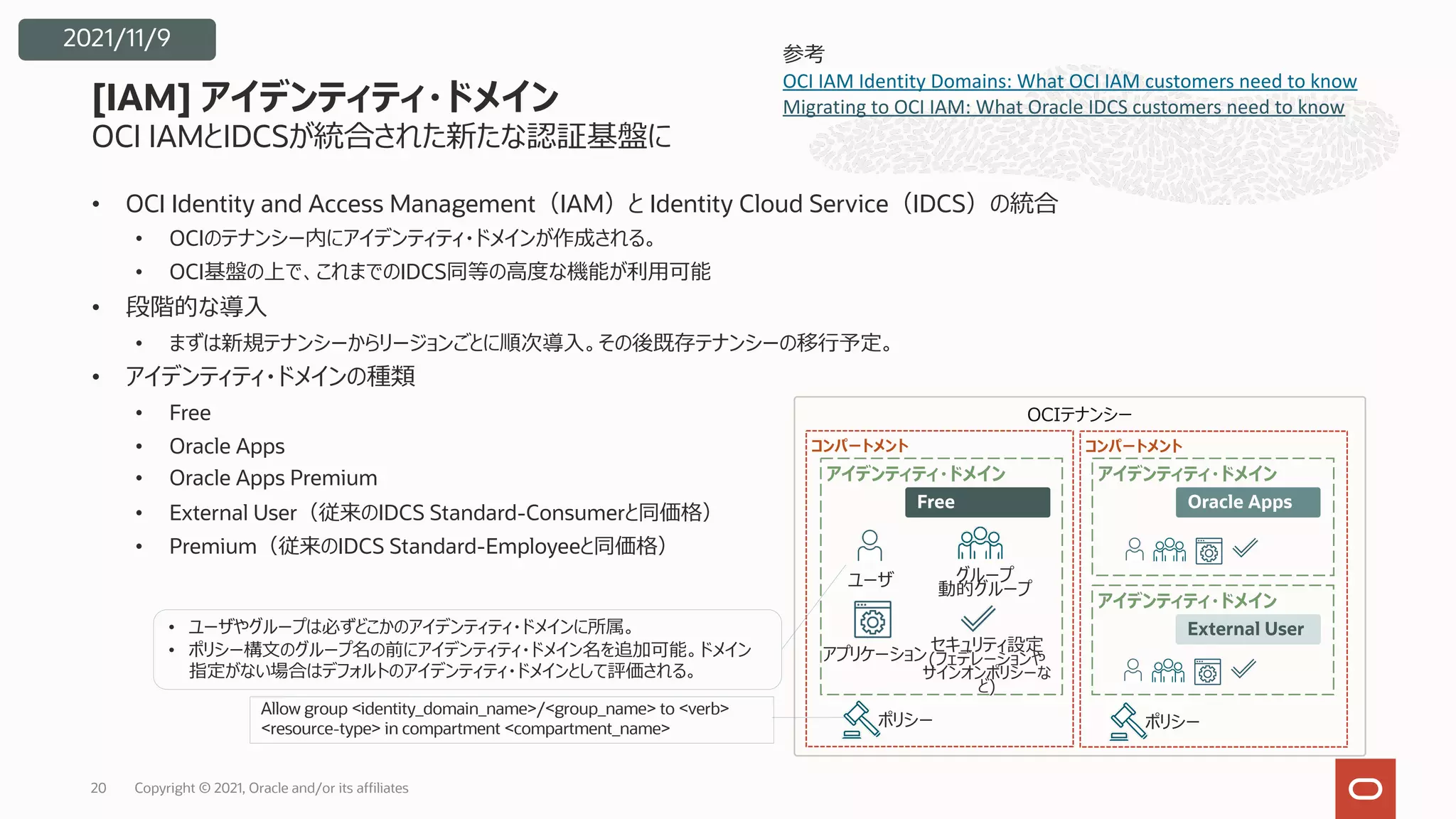OCI IAMとIDCSが統合された新たな認証基盤に
• OCI Identity and Access Management（IAM）と Identity Cloud Service（IDCS）の統合
• OCIのテナンシー内にアイデンティティ・ドメインが作成される。
• OCI基盤の上で、これまでのIDCS同等の⾼度な機能が利⽤可能
• 段階的な導⼊
• まずは新規テナンシーからリージョンごとに順次導⼊。その後既存テナンシーの移⾏予定。
• アイデンティティ・ドメインの種類
• Free
• Oracle Apps
• Oracle Apps Premium
• External User（従来のIDCS Standard-Consumerと同価格）
• Premium（従来のIDCS Standard-Employeeと同価格）
[IAM] アイデンティティ・ドメイン
Copyright © 2021, Oracle and/or its affiliates
20
OCIテナンシー
アイデンティティ・ドメイン アイデンティティ・ドメイン
ユーザ
Free
アプリケーション
セキュリティ設定
(フェデレーションや
サインオンポリシーな
ど)
グループ
動的グループ
アイデンティティ・ドメイン
External User
Oracle Apps
ポリシー
コンパートメント コンパートメント
Allow group <identity_domain_name>/<group_name> to <verb>
<resource-type> in compartment <compartment_name> ポリシー
参考
OCI IAM Identity Domains: What OCI IAM customers need to know
Migrating to OCI IAM: What Oracle IDCS customers need to know
2021/11/9
• ユーザやグループは必ずどこかのアイデンティティ・ドメインに所属。
• ポリシー構⽂のグループ名の前にアイデンティティ・ドメイン名を追加可能。ドメイン
指定がない場合はデフォルトのアイデンティティ・ドメインとして評価される。
 