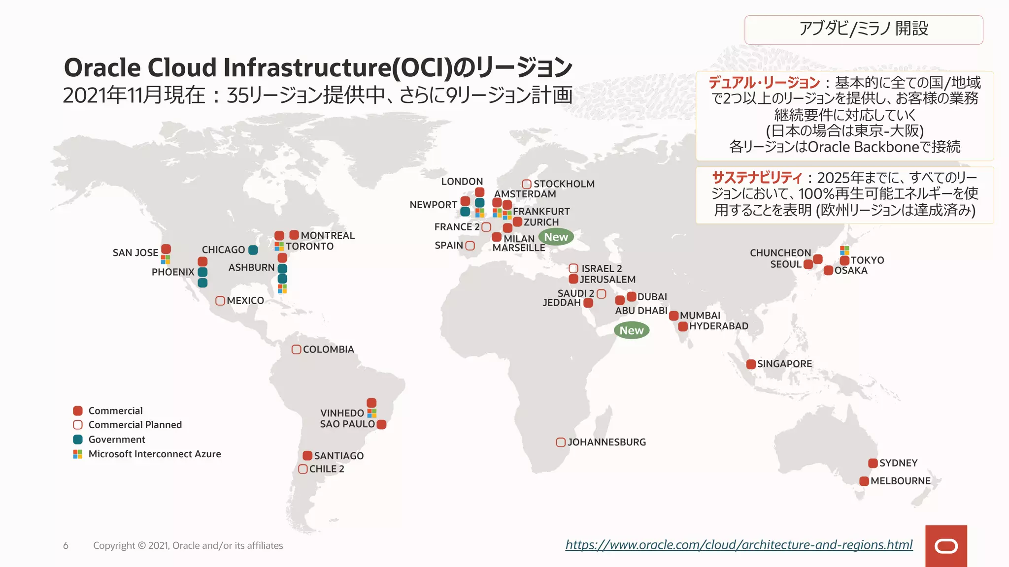 2021年11⽉現在︓35リージョン提供中、さらに9リージョン計画
Oracle Cloud Infrastructure(OCI)のリージョン
https://www.oracle.com/cloud/architecture-and-regions.html
CHUNCHEON
SEOUL TOKYO
OSAKA
JOHANNESBURG
SYDNEY
MELBOURNE
Commercial
Commercial Planned
Government
Microsoft Interconnect Azure SANTIAGO
VINHEDO
SAO PAULO
CHILE 2
COLOMBIA
SAN JOSE
PHOENIX
CHICAGO
ASHBURN
TORONTO
MONTREAL
MEXICO
デュアル・リージョン︓基本的に全ての国/地域
で2つ以上のリージョンを提供し、お客様の業務
継続要件に対応していく
(⽇本の場合は東京-⼤阪)
各リージョンはOracle Backboneで接続
サステナビリティ︓2025年までに、すべてのリー
ジョンにおいて、100%再⽣可能エネルギーを使
⽤することを表明 (欧州リージョンは達成済み)
JEDDAH
JERUSALEM
DUBAI
MUMBAI
HYDERABAD
SAUDI 2
ABU DHABI
ISRAEL 2
SINGAPORE
NEWPORT
AMSTERDAM
FRANKFURT
ZURICH
LONDON STOCKHOLM
MILAN
FRANCE 2
SPAIN MARSEILLE
New
New
アブダビ/ミラノ 開設
Copyright © 2021, Oracle and/or its affiliates
6
 