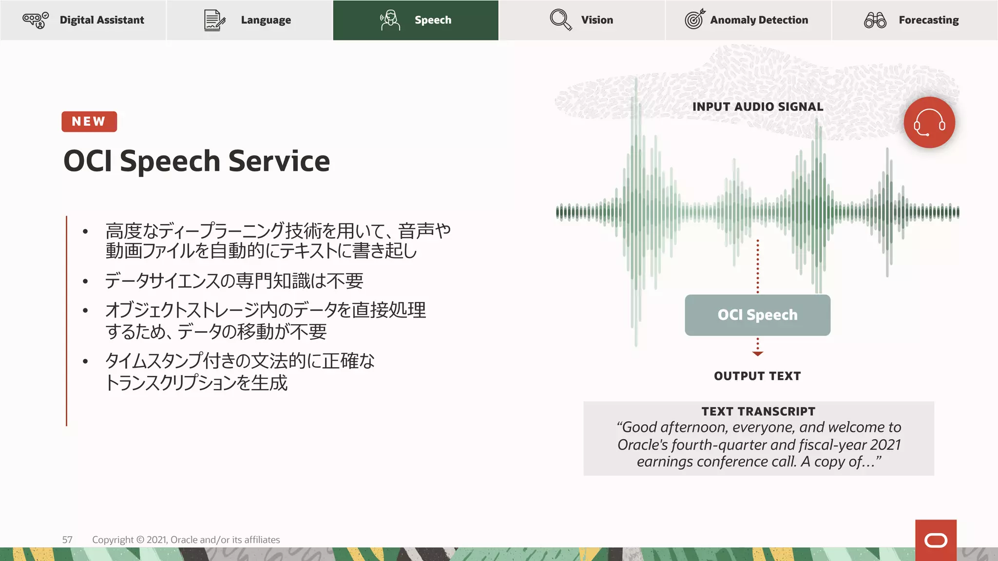 OCI Speech Service
TEXT TRANSCRIPT
“Good afternoon, everyone, and welcome to
Oracle's fourth-quarter and fiscal-year 2021
earnings conference call. A copy of…”
• ⾼度なディープラーニング技術を⽤いて、⾳声や
動画ファイルを⾃動的にテキストに書き起し
• データサイエンスの専⾨知識は不要
• オブジェクトストレージ内のデータを直接処理
するため、データの移動が不要
• タイムスタンプ付きの⽂法的に正確な
トランスクリプションを⽣成
N E W
Anomaly Detection
Language Speech Forecasting
Vision
Digital Assistant
INPUT AUDIO SIGNAL
OUTPUT TEXT
OCI Speech
Copyright © 2021, Oracle and/or its affiliates
57
 