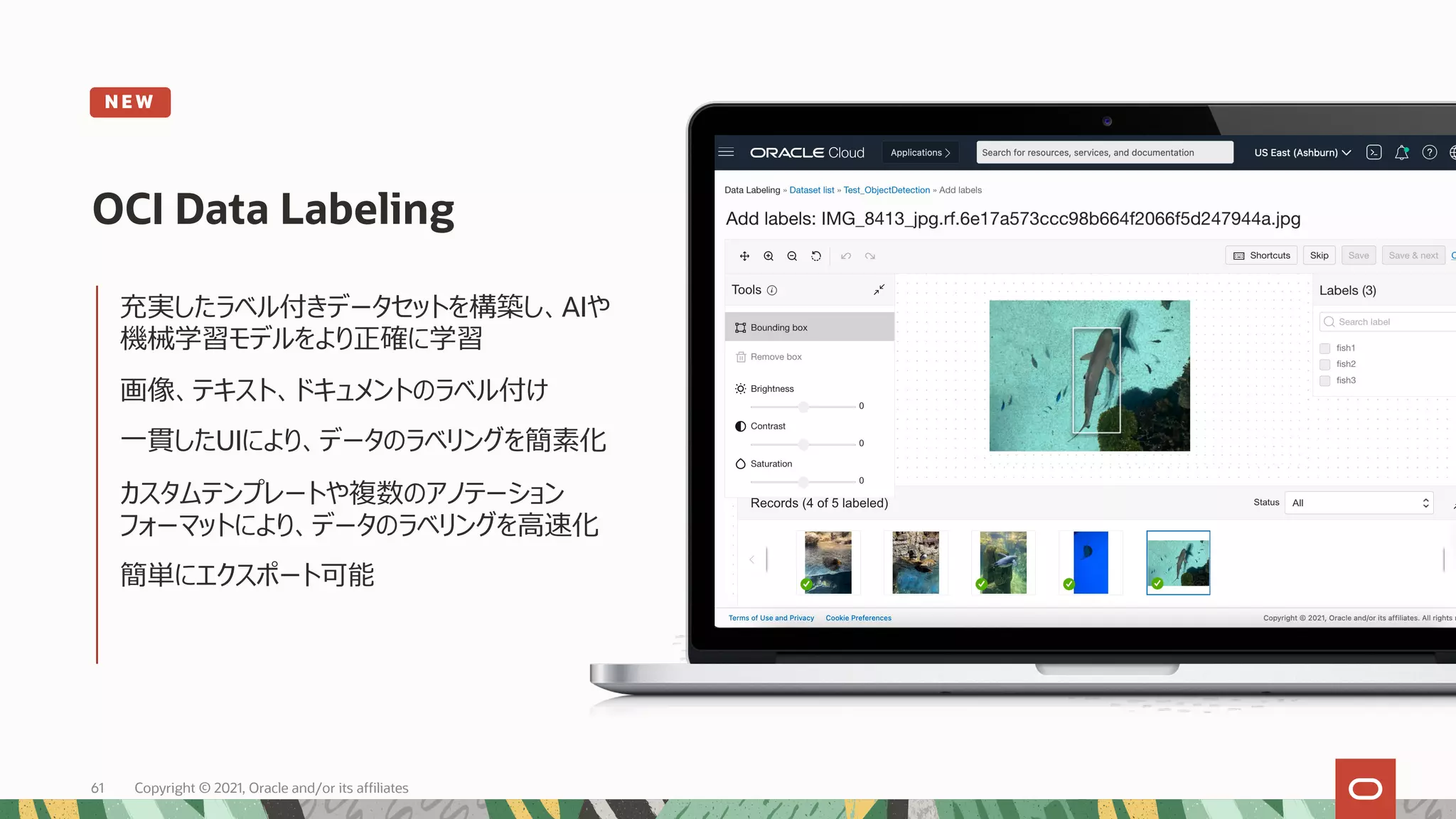 充実したラベル付きデータセットを構築し、AIや
機械学習モデルをより正確に学習
画像、テキスト、ドキュメントのラベル付け
⼀貫したUIにより、データのラベリングを簡素化
カスタムテンプレートや複数のアノテーション
フォーマットにより、データのラベリングを⾼速化
簡単にエクスポート可能
OCI Data Labeling
N E W
Copyright © 2021, Oracle and/or its affiliates
61
 