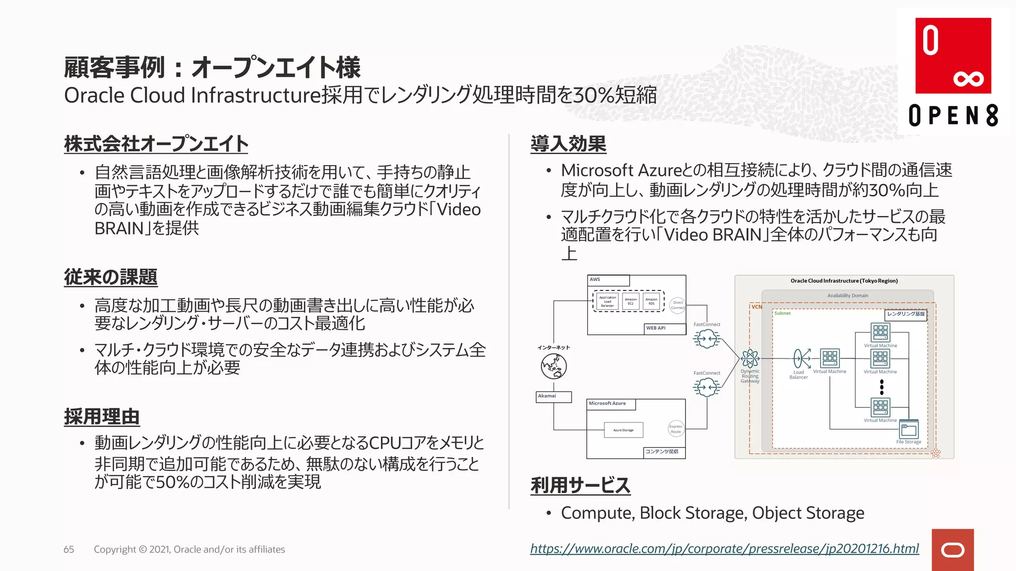 Oracle Cloud Infrastructure採⽤でレンダリング処理時間を30%短縮
株式会社オープンエイト
• ⾃然⾔語処理と画像解析技術を⽤いて、⼿持ちの静⽌
画やテキストをアップロードするだけで誰でも簡単にクオリティ
の⾼い動画を作成できるビジネス動画編集クラウド「Video
BRAIN」を提供
従来の課題
• ⾼度な加⼯動画や⻑尺の動画書き出しに⾼い性能が必
要なレンダリング・サーバーのコスト最適化
• マルチ・クラウド環境での安全なデータ連携およびシステム全
体の性能向上が必要
採⽤理由
• 動画レンダリングの性能向上に必要となるCPUコアをメモリと
⾮同期で追加可能であるため、無駄のない構成を⾏うこと
が可能で50%のコスト削減を実現
導⼊効果
• Microsoft Azureとの相互接続により、クラウド間の通信速
度が向上し、動画レンダリングの処理時間が約30％向上
• マルチクラウド化で各クラウドの特性を活かしたサービスの最
適配置を⾏い「Video BRAIN」全体のパフォーマンスも向
上
利⽤サービス
• Compute, Block Storage, Object Storage
顧客事例︓オープンエイト様
Copyright © 2021, Oracle and/or its affiliates
65 https://www.oracle.com/jp/corporate/pressrelease/jp20201216.html
 