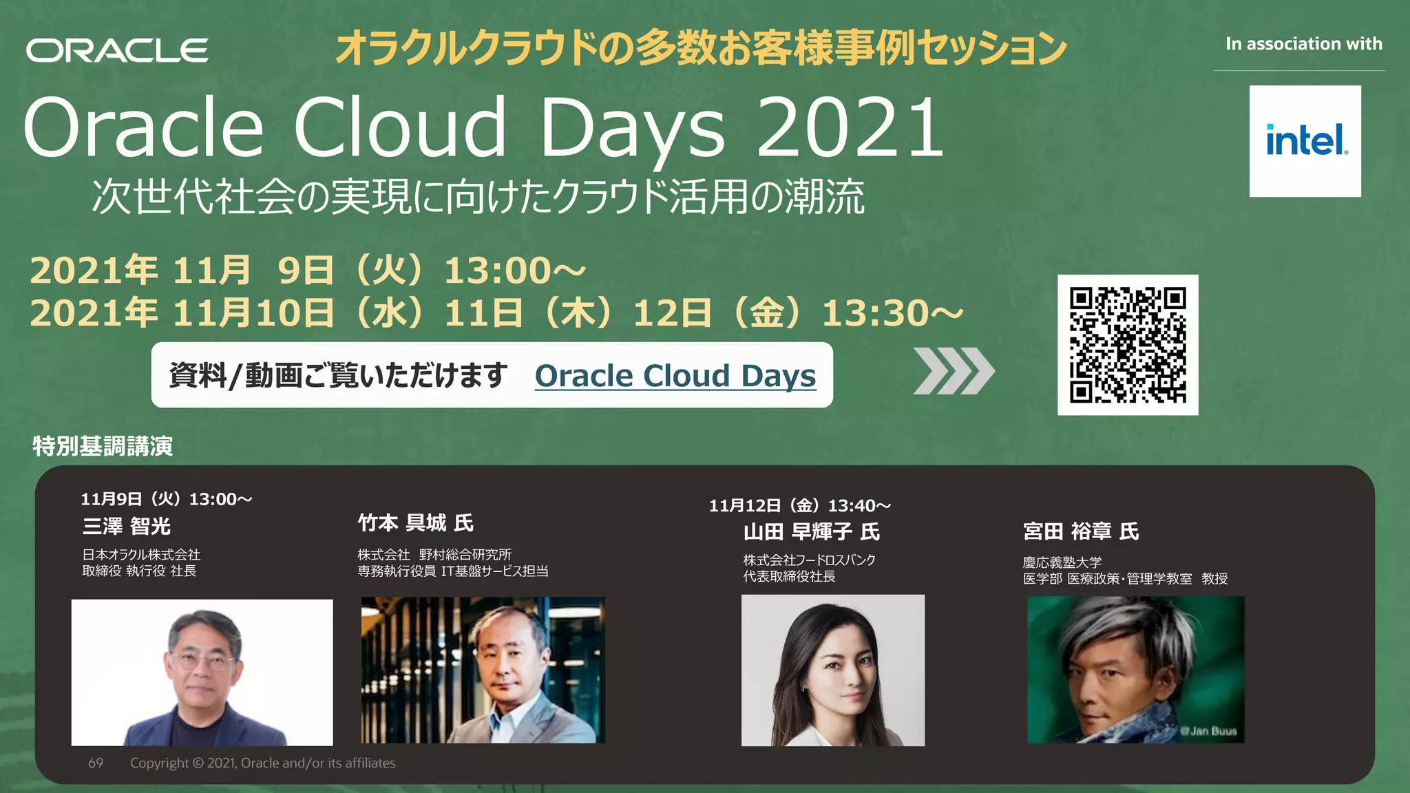 Safe harbor statement
The following is intended to outline our general product direction. It is
intended for information purposes only, and may not be incorporated into
any contract. It is not a commitment to deliver any material, code, or
functionality, and should not be relied upon in making purchasing decisions.
The development, release, timing, and pricing of any features or functionality
described for Oracle’s products may change and remains at the sole
discretion of Oracle Corporation.
Oracle Cloud Days 2021
次世代社会の実現に向けたクラウド活⽤の潮流
2021年 11⽉ 9⽇（⽕）13:00〜
2021年 11⽉10⽇（⽔）11⽇（⽊）12⽇（⾦）13:30〜
資料/動画ご覧いただけます Oracle Cloud Days
特別基調講演
オラクルクラウドの多数お客様事例セッション In association with
三澤 智光
⽇本オラクル株式会社
取締役 執⾏役 社⻑
⽵本 具城 ⽒
株式会社 野村総合研究所
専務執⾏役員 IT基盤サービス担当
11⽉9⽇（⽕）13:00〜
⼭⽥ 早輝⼦ ⽒
株式会社フードロスバンク
代表取締役社⻑
宮⽥ 裕章 ⽒
慶応義塾⼤学
医学部 医療政策・管理学教室 教授
11⽉12⽇（⾦）13:40〜
Copyright © 2021, Oracle and/or its affiliates
69
 