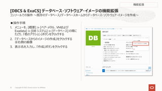コンソールでの操作 〜既存のデータベース/データベースホームからデータベース・ソフトウェア・イメージを作成〜
■操作⼿順
1. メニューを、[概要] ≫ [ベア・メタル、VMおよび
Exadata] ≫ [DB システム] ≫ [データベース] の順に
たどり、『他のアクション』ボタンをクリックする
2. 『データベースからのイメージの作成』をクリックする
※右側の画像
3. 表⽰名を⼊⼒し、『作成』ボタンをクリックする
[DBCS & ExaCS] データベース・ソフトウェア・イメージの機能拡張
Copyright © 2021, Oracle and/or its affiliates
32
機能拡張
 