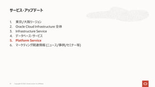 1. 東京/⼤阪リージョン
2. Oracle Cloud Infrastructure 全体
3. Infrastructure Service
4. データベース・サービス
5. Platform Service
6. マーケティング関連情報 (ニュース/事例/セミナー等)
サービス・アップデート
Copyright © 2021, Oracle and/or its affiliates
37
 