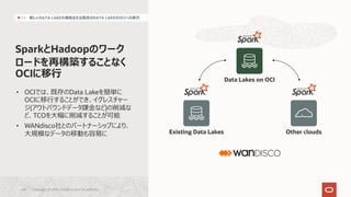 SparkとHadoopのワーク
ロードを再構築することなく
OCIに移⾏ Data Lakes on OCI
Existing Data Lakes Other clouds
新しいDATA LAKEの構築または既存のDATA LAKEのOCIへの移⾏
• OCIでは、既存のData Lakeを簡単に
OCIに移⾏することができ、イグレスチャー
ジ(アウトバウンドデータ課⾦など)の削減な
ど、TCOを⼤幅に削減することが可能
• WANdisco社とのパートナーシップにより、
⼤規模なデータの移動も容易に
Copyright © 2021, Oracle and/or its affiliates
44
 