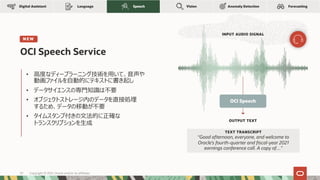 OCI Speech Service
TEXT TRANSCRIPT
“Good afternoon, everyone, and welcome to
Oracle's fourth-quarter and fiscal-year 2021
earnings conference call. A copy of…”
• ⾼度なディープラーニング技術を⽤いて、⾳声や
動画ファイルを⾃動的にテキストに書き起し
• データサイエンスの専⾨知識は不要
• オブジェクトストレージ内のデータを直接処理
するため、データの移動が不要
• タイムスタンプ付きの⽂法的に正確な
トランスクリプションを⽣成
N E W
Anomaly Detection
Language Speech Forecasting
Vision
Digital Assistant
INPUT AUDIO SIGNAL
OUTPUT TEXT
OCI Speech
Copyright © 2021, Oracle and/or its affiliates
57
 