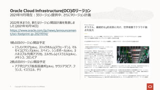 2021年11⽉現在︓35リージョン提供中、さらに9リージョン計画
2022年末までの、新たなリージョン開設計画を発表しま
した (2021年10⽉14⽇)
https://www.oracle.com/jp/news/announcemen
t/oci-footprint-jp-20211014/
1拠点⽬のリージョン開設予定
• ミラノ(イタリア)[済み]、ストックホルム(スウェーデン)、マル
セイユ(フランス)[済み]、スペイン、シンガポール[済み]、ヨ
ハネスブルグ(南アフリカ)、エルサレム(イスラエル)[済み] 、
メキシコ、コロンビア
2拠点⽬のリージョン開設予定
• アブダビ(アラブ⾸⻑国連邦)[済み]、サウジアラビア、フ
ランス、イスラエル、チリ
Oracle Cloud Infrastructure(OCI)のリージョン
Copyright © 2021, Oracle and/or its affiliates
7
 