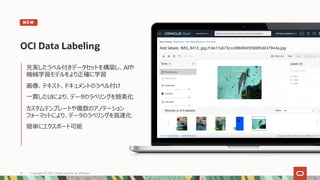 充実したラベル付きデータセットを構築し、AIや
機械学習モデルをより正確に学習
画像、テキスト、ドキュメントのラベル付け
⼀貫したUIにより、データのラベリングを簡素化
カスタムテンプレートや複数のアノテーション
フォーマットにより、データのラベリングを⾼速化
簡単にエクスポート可能
OCI Data Labeling
N E W
Copyright © 2021, Oracle and/or its affiliates
61
 