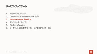 1. 東京/⼤阪リージョン
2. Oracle Cloud Infrastructure 全体
3. Infrastructure Service
4. データベース・サービス
5. Platform Service
6. マーケティング関連情報 (ニュース/事例/セミナー等)
サービス・アップデート
Copyright © 2021, Oracle and/or its affiliates
8
 