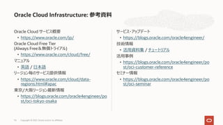 Oracle Cloud サービス概要
• https://www.oracle.com/jp/
Oracle Cloud Free Tier
(Always Free＆無償トライアル)
• https://www.oracle.com/cloud/free/
マニュアル
• 英語 / ⽇本語
リージョン毎のサービス提供情報
• https://www.oracle.com/cloud/data-
regions.html#apac
東京/⼤阪リージョン最新情報
• https://blogs.oracle.com/oracle4engineer/po
st/oci-tokyo-osaka
サービス・アップデート
• https://blogs.oracle.com/oracle4engineer/
技術情報
• 活⽤資料集 / チュートリアル
活⽤事例
• https://blogs.oracle.com/oracle4engineer/po
st/oci-customer-reference
セミナー情報
• https://blogs.oracle.com/oracle4engineer/po
st/oci-seminar
Oracle Cloud Infrastructure: 参考資料
Copyright © 2021, Oracle and/or its affiliates
74
 